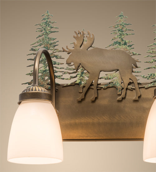 Meyda Lighting Wandering Moose 35" 4-Light Antique Copper and Green Trees Vanity Light With White Shade Glass