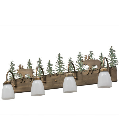 Meyda Lighting Wandering Moose 35" 4-Light Antique Copper and Green Trees Vanity Light With White Shade Glass