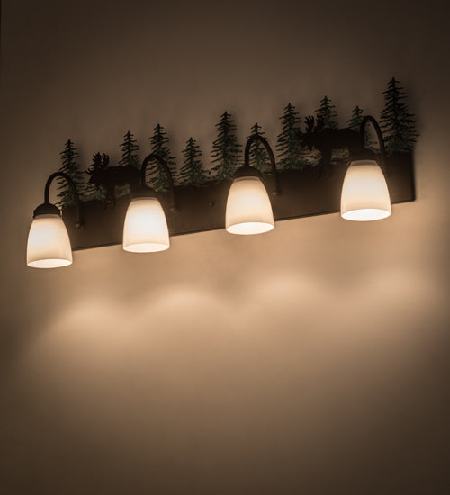 Meyda Lighting Wandering Moose 35" 4-Light Oil Rubbed Bronze & Green Trees Vanity Light With White Shade Glass