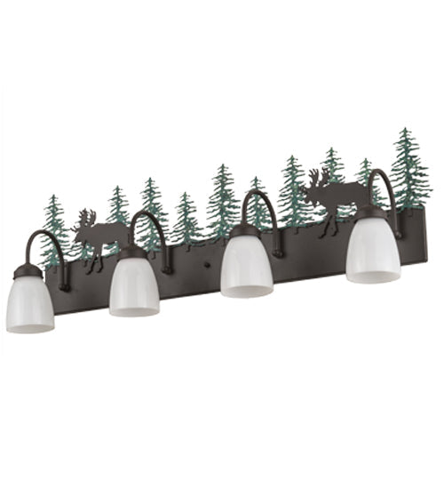 Meyda Lighting Wandering Moose 35" 4-Light Oil Rubbed Bronze & Green Trees Vanity Light With White Shade Glass