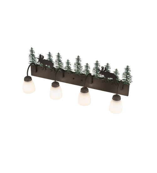 Meyda Lighting Wandering Moose 35" 4-Light Oil Rubbed Bronze & Green Trees Vanity Light With White Shade Glass