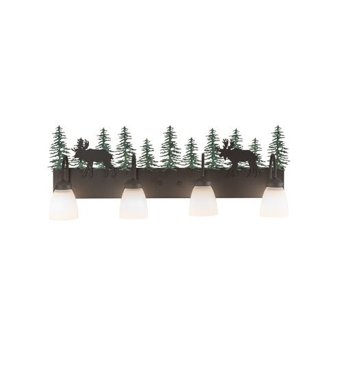 Meyda Lighting Wandering Moose 35" 4-Light Oil Rubbed Bronze & Green Trees Vanity Light With White Shade Glass