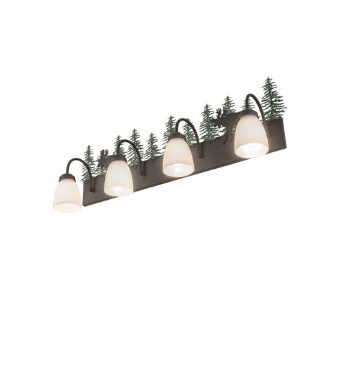 Meyda Lighting Wandering Moose 35" 4-Light Oil Rubbed Bronze & Green Trees Vanity Light With White Shade Glass