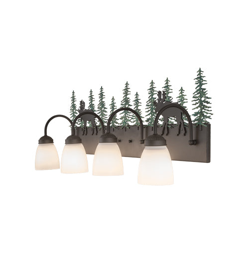 Meyda Lighting Wandering Moose 35" 4-Light Oil Rubbed Bronze & Green Trees Vanity Light With White Shade Glass
