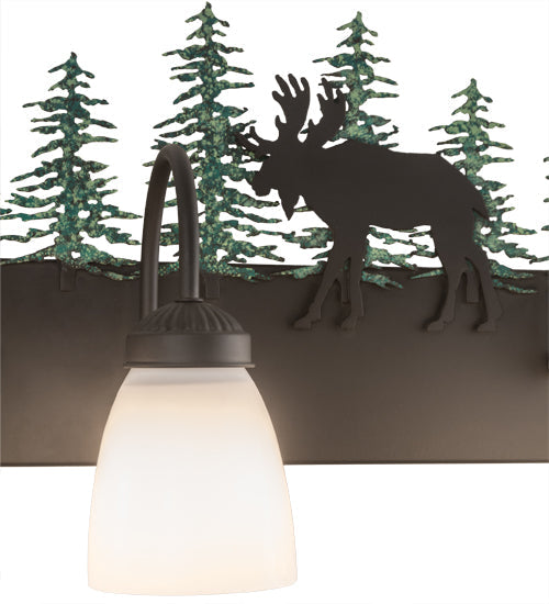 Meyda Lighting Wandering Moose 35" 4-Light Oil Rubbed Bronze & Green Trees Vanity Light With White Shade Glass
