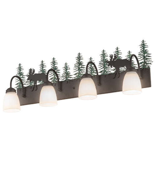 Meyda Lighting Wandering Moose 35" 4-Light Oil Rubbed Bronze & Green Trees Vanity Light With White Shade Glass
