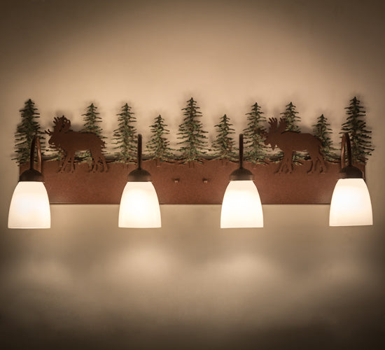 Meyda Lighting Wandering Moose 35" 4-Light Rust & Green Trees Vanity Light With White Shade Glass