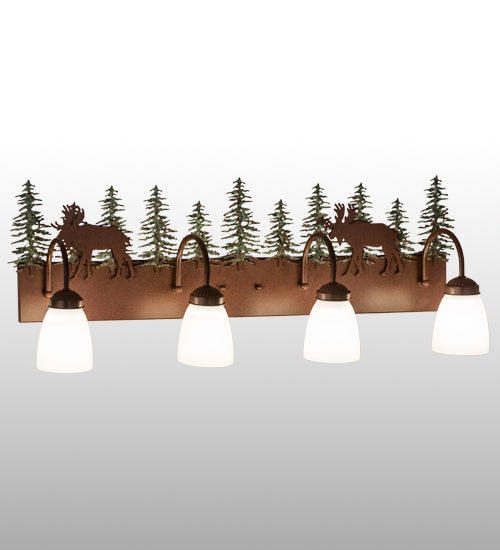 Meyda Lighting Wandering Moose 35" 4-Light Rust & Green Trees Vanity Light With White Shade Glass