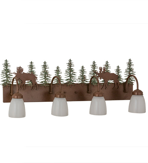 Meyda Lighting Wandering Moose 35" 4-Light Rust & Green Trees Vanity Light With White Shade Glass