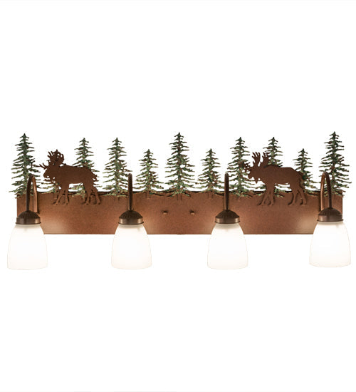 Meyda Lighting Wandering Moose 35" 4-Light Rust & Green Trees Vanity Light With White Shade Glass