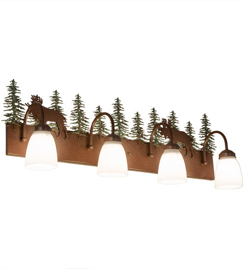 Meyda Lighting Wandering Moose 35" 4-Light Rust & Green Trees Vanity Light With White Shade Glass