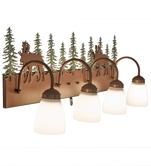 Meyda Lighting Wandering Moose 35" 4-Light Rust & Green Trees Vanity Light With White Shade Glass