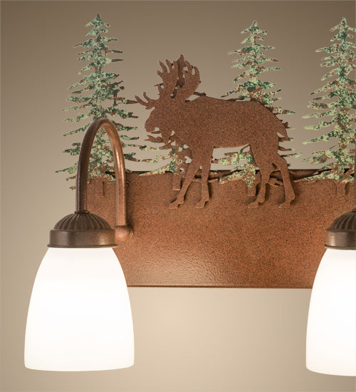 Meyda Lighting Wandering Moose 35" 4-Light Rust & Green Trees Vanity Light With White Shade Glass