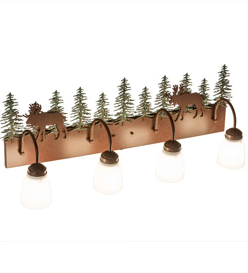 Meyda Lighting Wandering Moose 35" 4-Light Rust & Green Trees Vanity Light With White Shade Glass