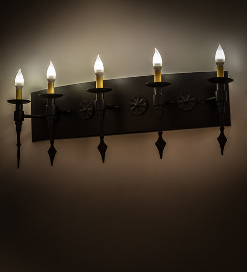 Meyda Lighting Warwick 36" 5-Light Black Textured Wall Sconce With Ivory Faux Candlelight