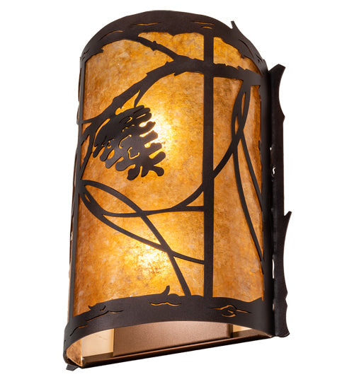 Meyda Lighting Whispering Pines 10" 2-Light Mahogany Bronze Left Wall Sconce With Amber Mica Shade Glass