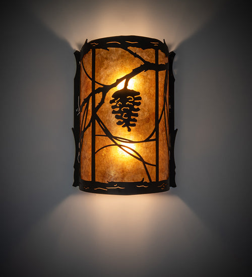 Meyda Lighting Whispering Pines 10" 2-Light Oil Rubbed Bronze Center Wall Sconce With Amber Mica Shade Glass