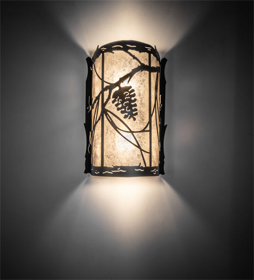 Meyda Lighting Whispering Pines 10" 2-Light Solar Black Wall Sconce With Silver Mica Shade Glass