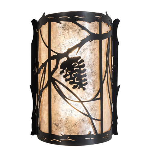 Meyda Lighting Whispering Pines 10" 2-Light Solar Black Wall Sconce With Silver Mica Shade Glass