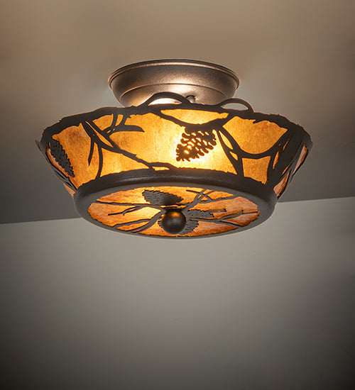 Meyda Lighting Whispering Pines 10" 2-Light Textured Black Flush Mount Light With Amber Mica Shade Glass