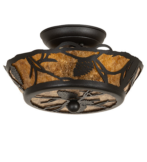 Meyda Lighting Whispering Pines 10" 2-Light Textured Black Flush Mount Light With Amber Mica Shade Glass