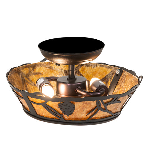 Meyda Lighting Whispering Pines 10" 2-Light Textured Black Flush Mount Light With Amber Mica Shade Glass
