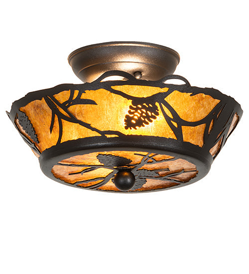 Meyda Lighting Whispering Pines 10" 2-Light Textured Black Flush Mount Light With Amber Mica Shade Glass