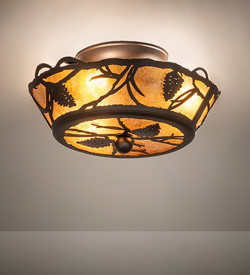 Meyda Lighting Whispering Pines 10" 3-Light Oil Rubbed Bronze Flush Mount Light With Amber Mica Shade Glass