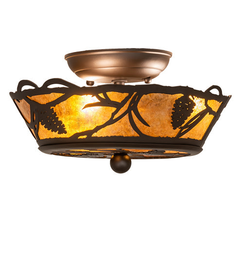 Meyda Lighting Whispering Pines 10" 3-Light Oil Rubbed Bronze Flush Mount Light With Amber Mica Shade Glass