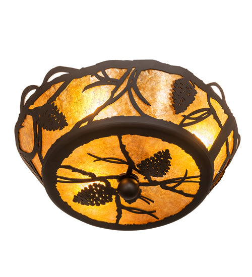 Meyda Lighting Whispering Pines 10" 3-Light Oil Rubbed Bronze Flush Mount Light With Amber Mica Shade Glass