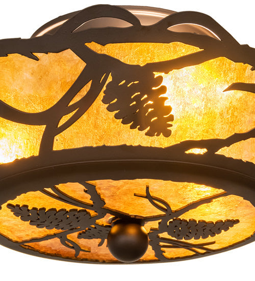 Meyda Lighting Whispering Pines 10" 3-Light Oil Rubbed Bronze Flush Mount Light With Amber Mica Shade Glass
