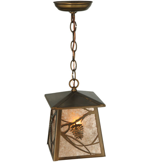 Meyda Lighting Whispering Pines 10" Antique Copper Lantern Pendant Light With Silver Mica Shade Glass