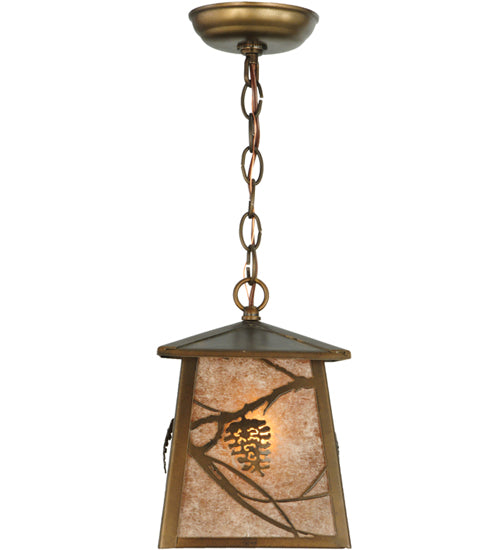 Meyda Lighting Whispering Pines 10" Antique Copper Lantern Pendant Light With Silver Mica Shade Glass