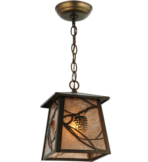 Meyda Lighting Whispering Pines 10" Antique Copper Lantern Pendant Light With Silver Mica Shade Glass