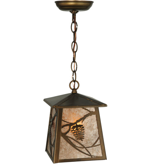 Meyda Lighting Whispering Pines 10" Antique Copper Lantern Pendant Light With Silver Mica Shade Glass