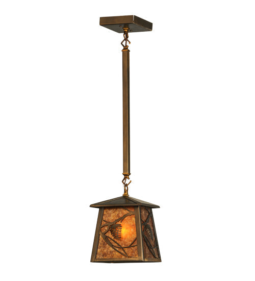 Meyda Lighting Whispering Pines 10" Antique Copper Mini Pendant Light With Amber Mica Shade Glass