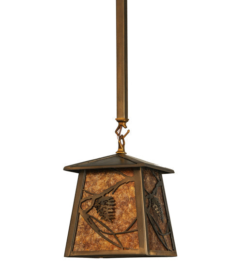 Meyda Lighting Whispering Pines 10" Antique Copper Mini Pendant Light With Amber Mica Shade Glass
