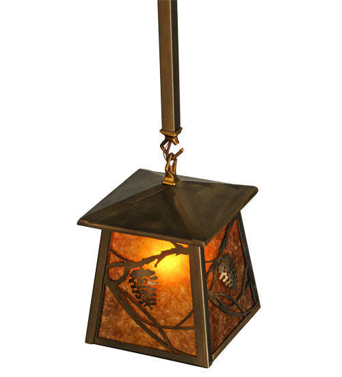 Meyda Lighting Whispering Pines 10" Antique Copper Mini Pendant Light With Amber Mica Shade Glass