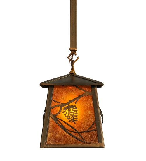 Meyda Lighting Whispering Pines 10" Antique Copper Mini Pendant Light With Amber Mica Shade Glass