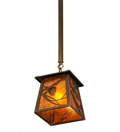Meyda Lighting Whispering Pines 10" Antique Copper Mini Pendant Light With Amber Mica Shade Glass