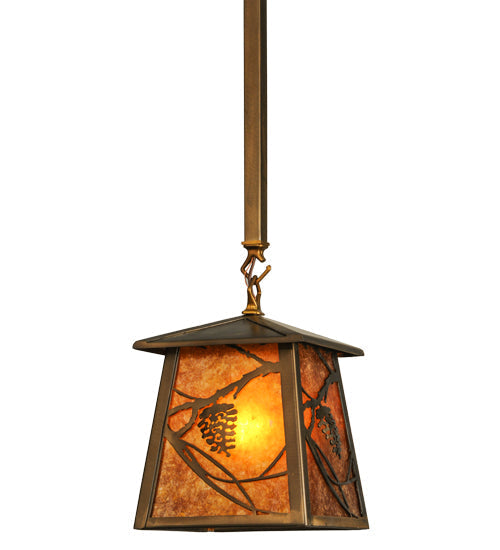 Meyda Lighting Whispering Pines 10" Antique Copper Mini Pendant Light With Amber Mica Shade Glass