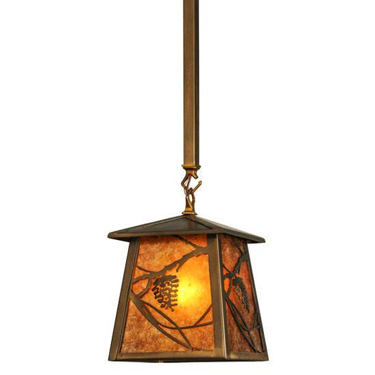 Meyda Lighting Whispering Pines 10" Antique Copper Mini Pendant Light With Amber Mica Shade Glass