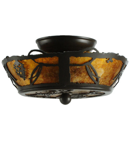 Meyda Lighting Whispering Pines 11" 3-Light Timeless Bronze Flush Mount Light With Amber Mica Shade Glass