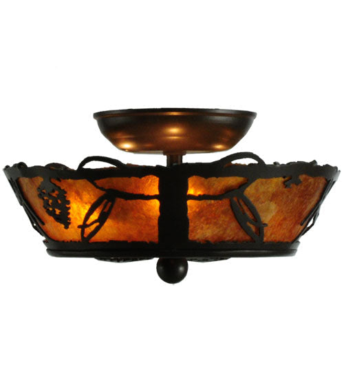 Meyda Lighting Whispering Pines 11" 3-Light Timeless Bronze Flush Mount Light With Amber Mica Shade Glass