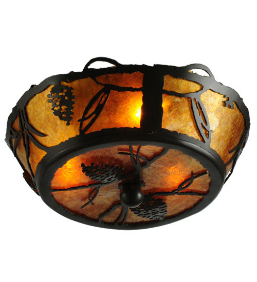 Meyda Lighting Whispering Pines 11" 3-Light Timeless Bronze Flush Mount Light With Amber Mica Shade Glass