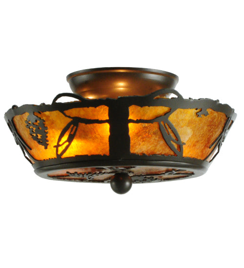 Meyda Lighting Whispering Pines 11" 3-Light Timeless Bronze Flush Mount Light With Amber Mica Shade Glass
