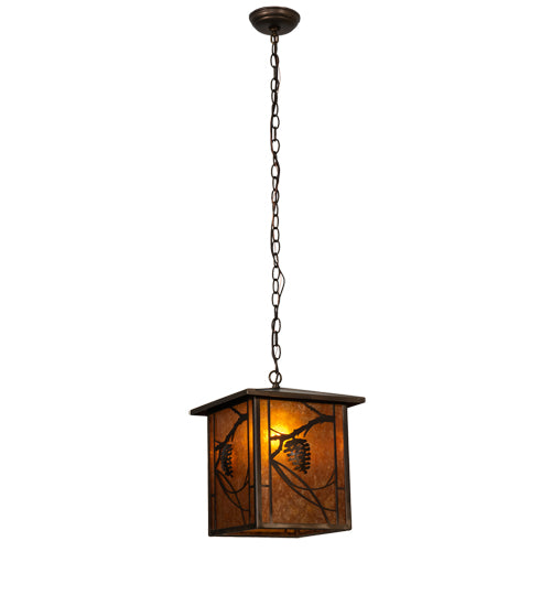 Meyda Lighting Whispering Pines 12"Sq Antique Copper Pendant Light With Amber Mica Shade Glass