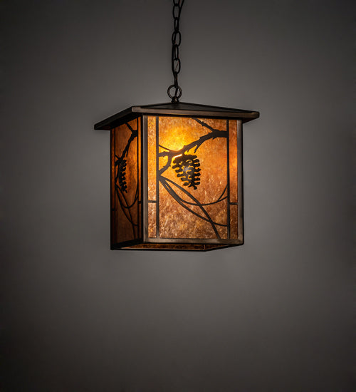 Meyda Lighting Whispering Pines 12"Sq Antique Copper Pendant Light With Amber Mica Shade Glass