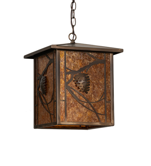 Meyda Lighting Whispering Pines 12"Sq Antique Copper Pendant Light With Amber Mica Shade Glass