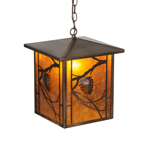 Meyda Lighting Whispering Pines 12"Sq Antique Copper Pendant Light With Amber Mica Shade Glass